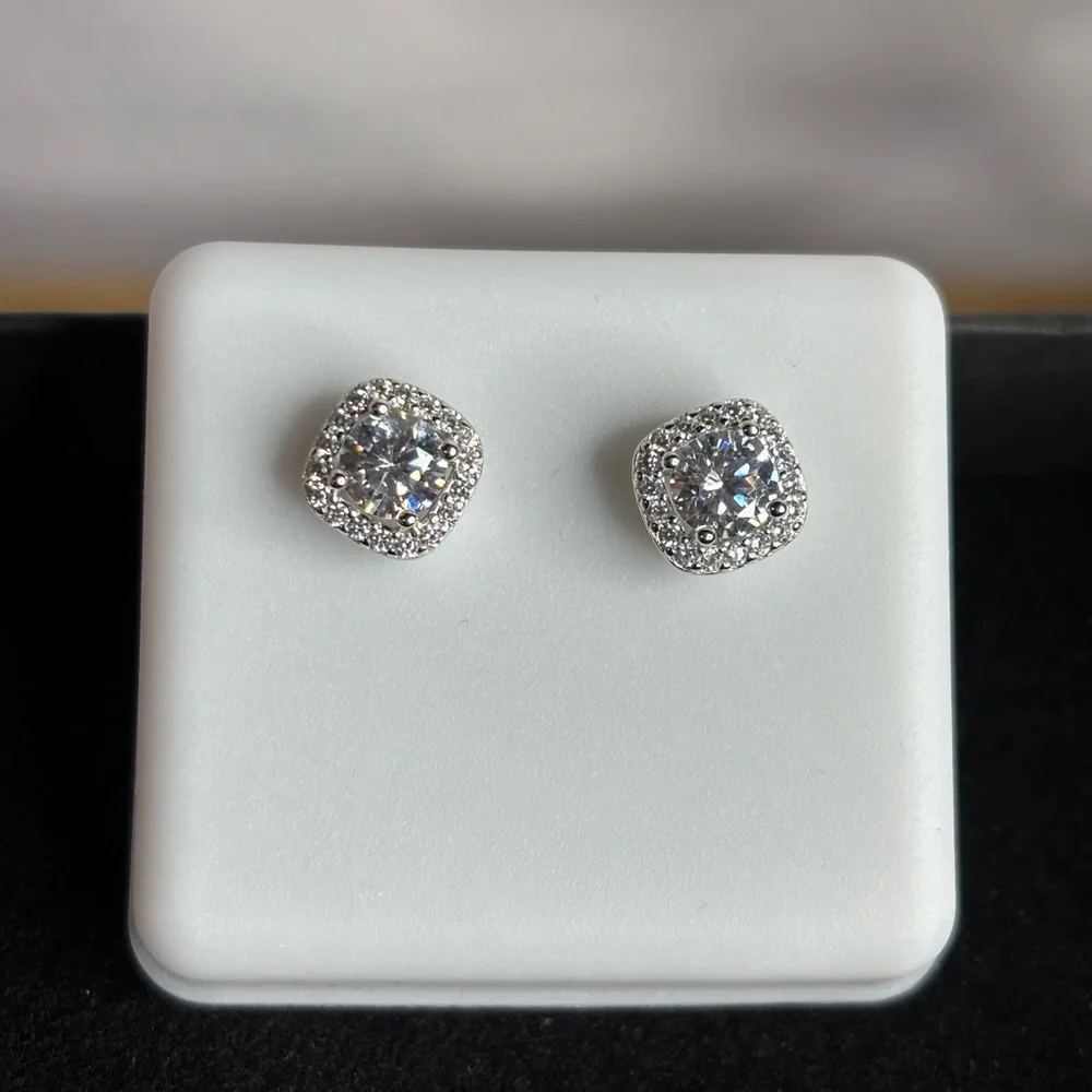 Sparkling Moissanite Silver Halo Stud Earrings - 1 CT Total - Picture 2 of 3